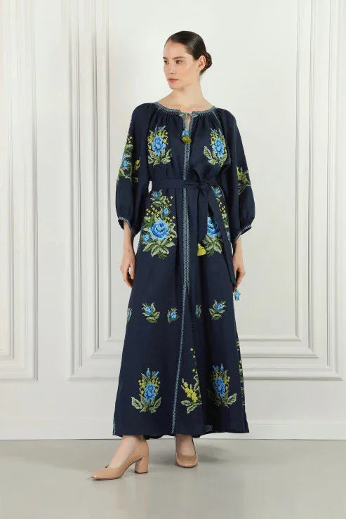 Evelyn Floral Embroidered Dress in Navy Blue