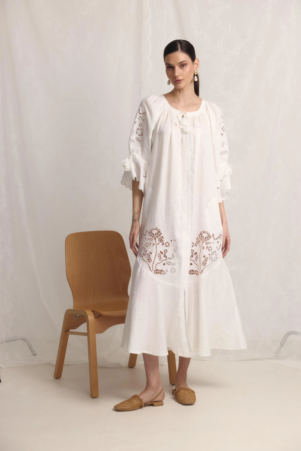 Tree of Life White embroidered linen Maxi Dress