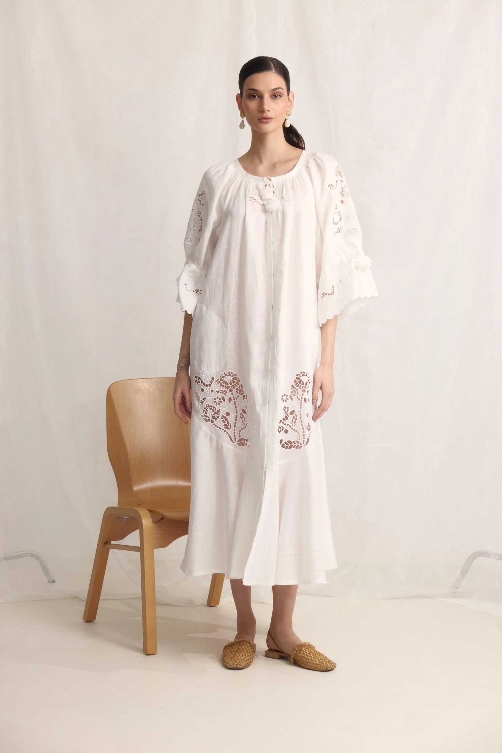 Tree of Life White embroidered linen Maxi Dress