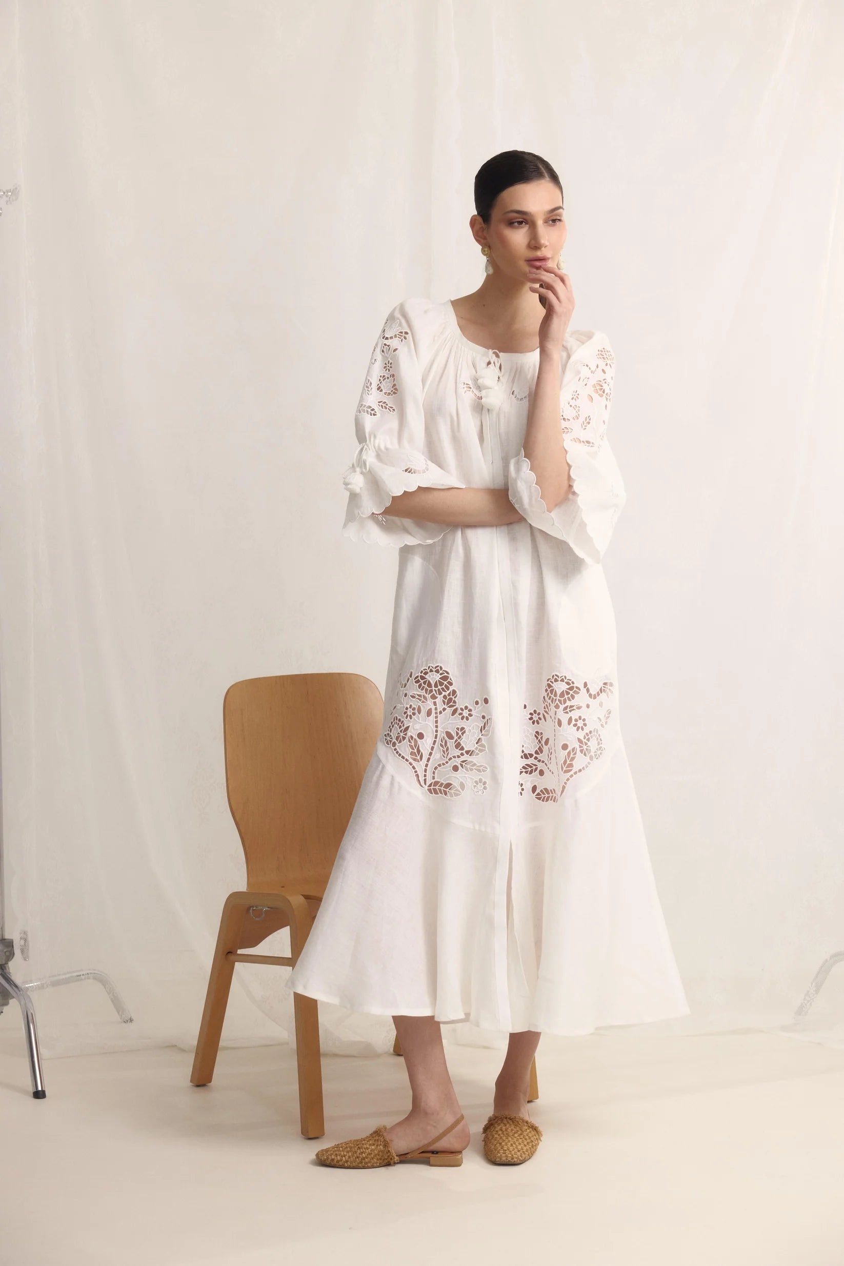 Tree of Life White embroidered linen Maxi Dress