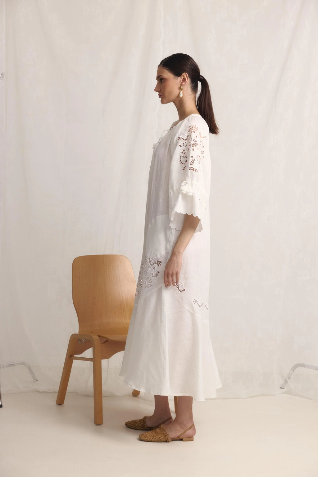 Tree of Life White embroidered linen Maxi Dress