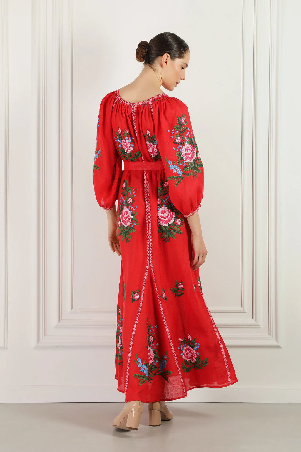 Evelyn cross-stitch embroidered dress in red