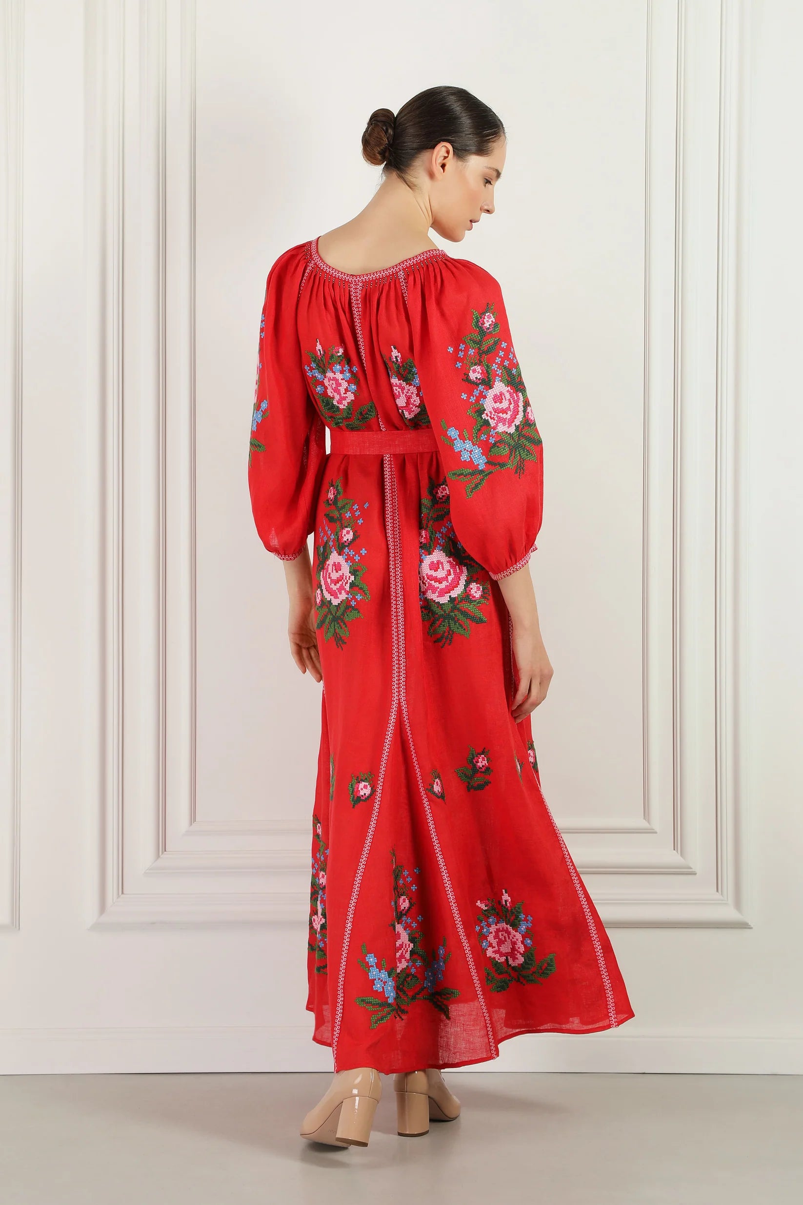 Evelyn cross-stitch embroidered dress in red