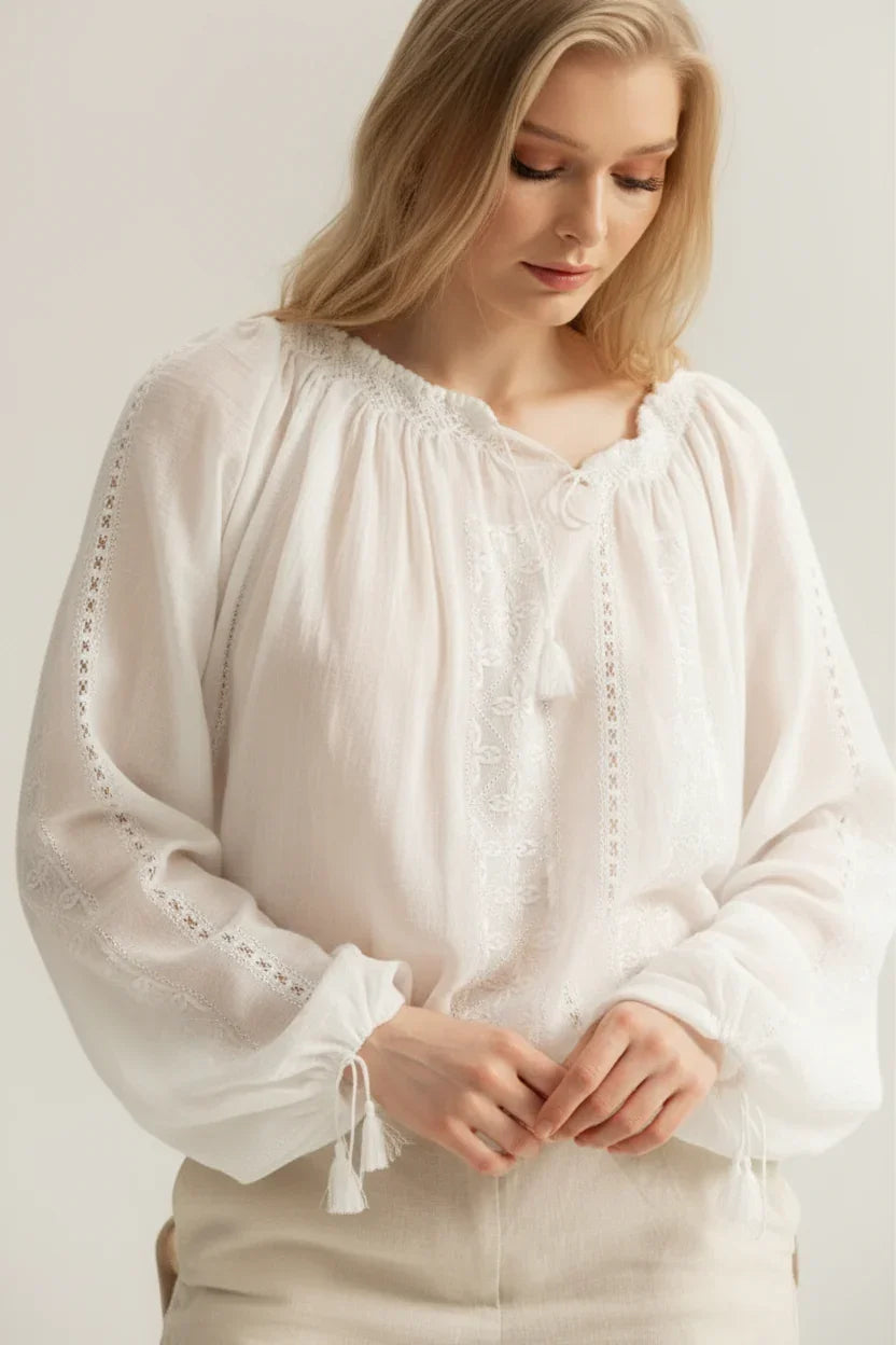 White Romanian Blouse Embroidery handmade by artisans