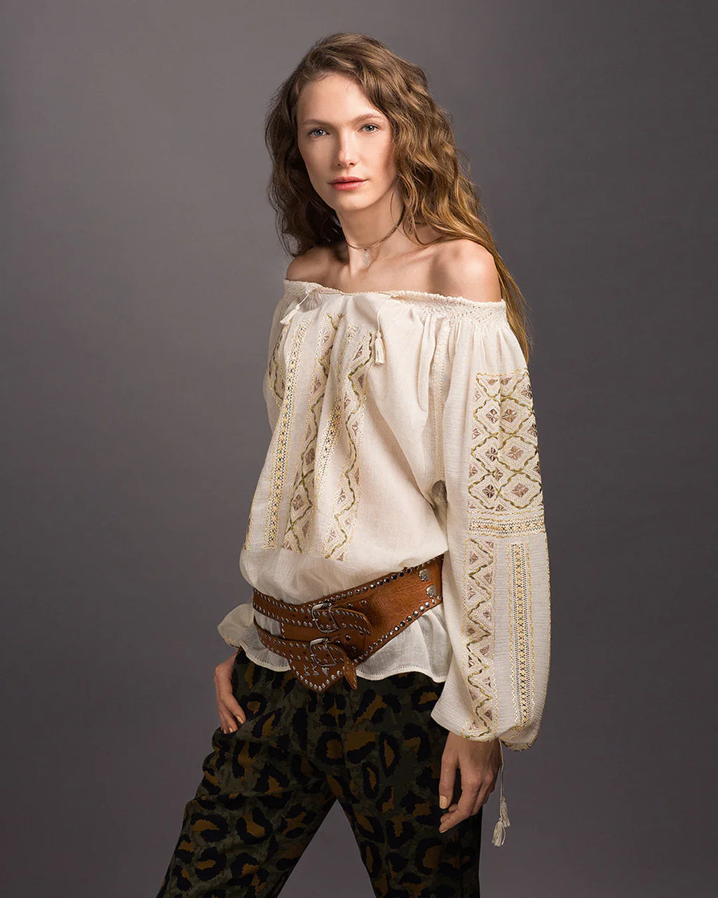 Yvoire Romanian Peasant Blouse – Embroidered Rhomb Motif in Sheer Cotton Voile