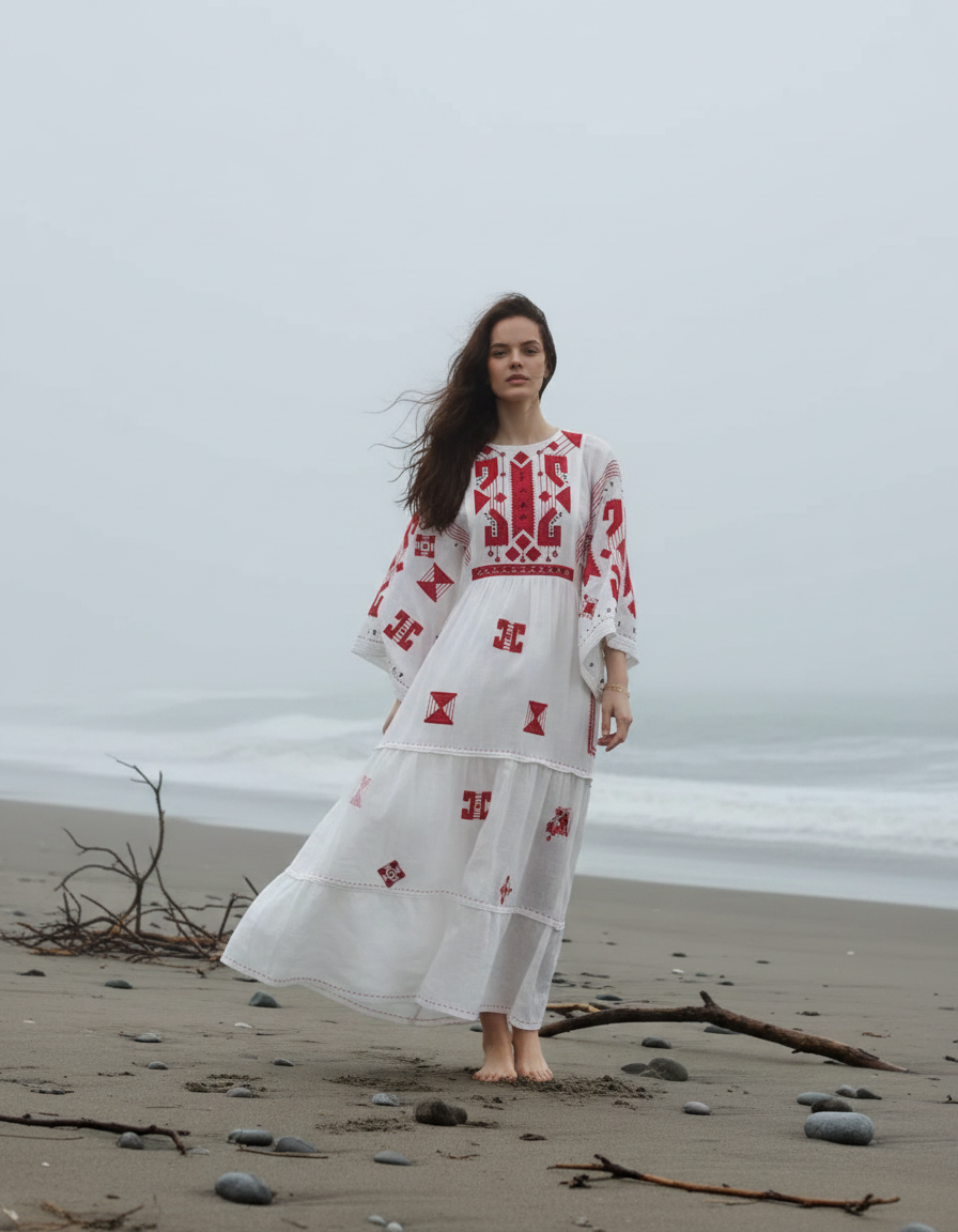 Woman in a white dress with red patterns standing on a beach.