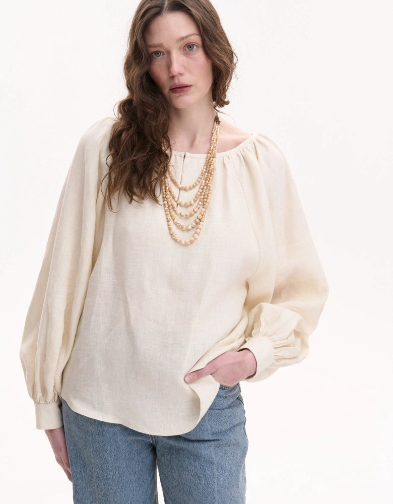 Beige Linen Peasant Blouse — Bohemian Cut