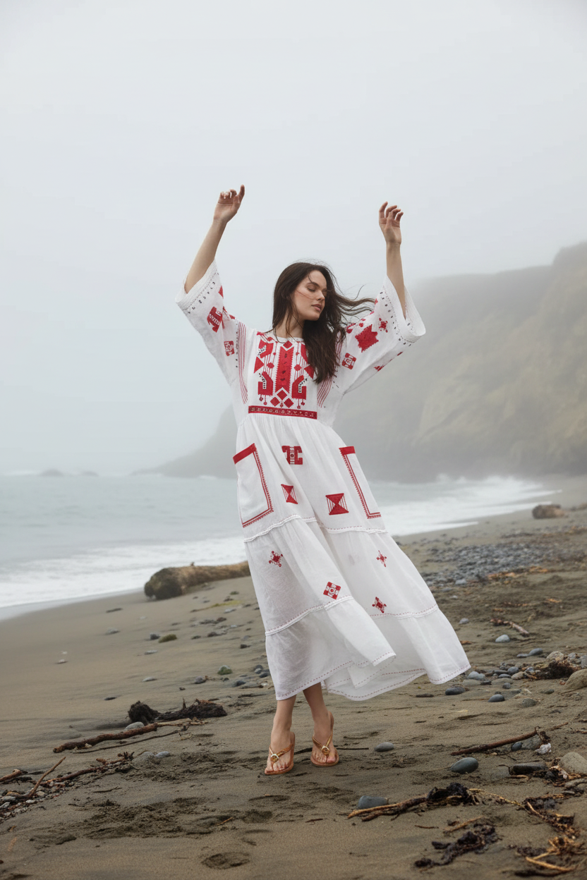 Woman in a white dress with red patterns standing on a beach
