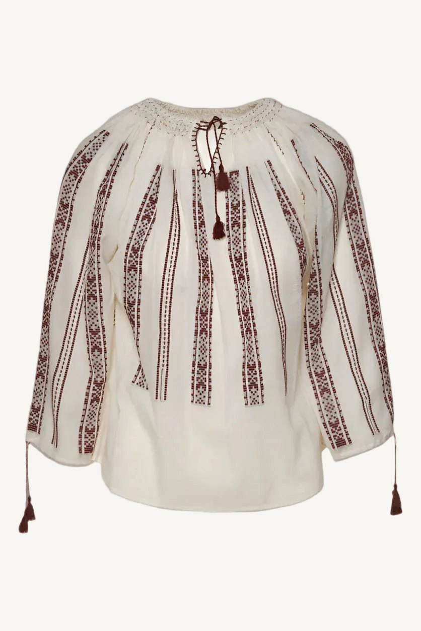 White  peasant blouse with brown embroidery and tassels BLOUSE ROUMAINE SHOP