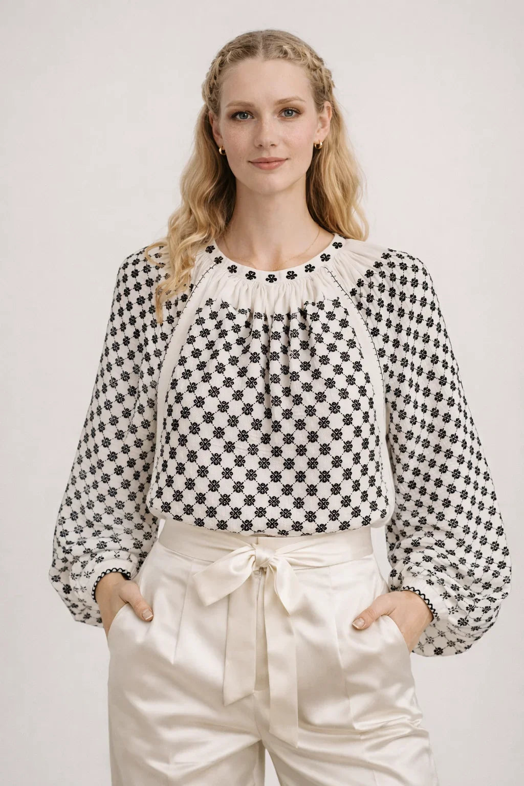 Black Sequin Romanian Blouse with Hand-Embroidered Gold Thread