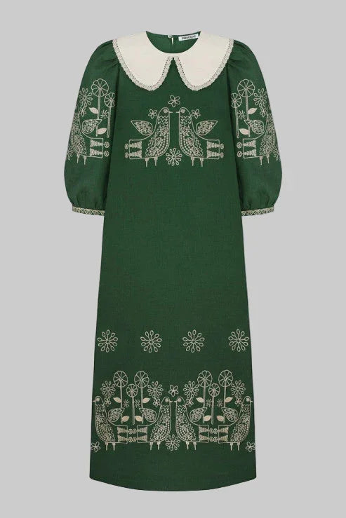 Embroidered Linen Mini Dress with Birds and Flowers Zozulya