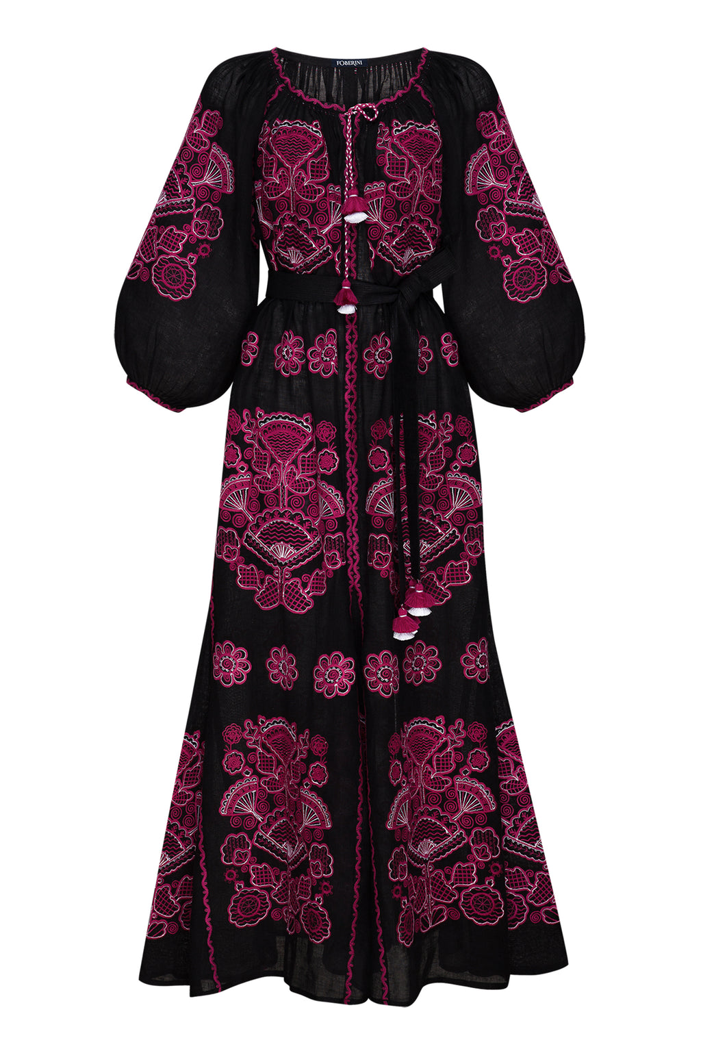 Foberini, Embroidered dress, pink and white, linen, floral motif, hand-embroidered