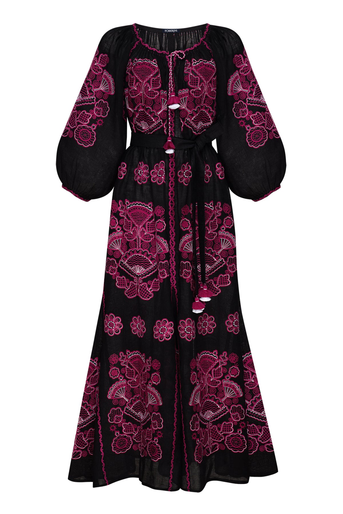 Foberini, Embroidered dress, pink and white, linen, floral motif, hand-embroidered