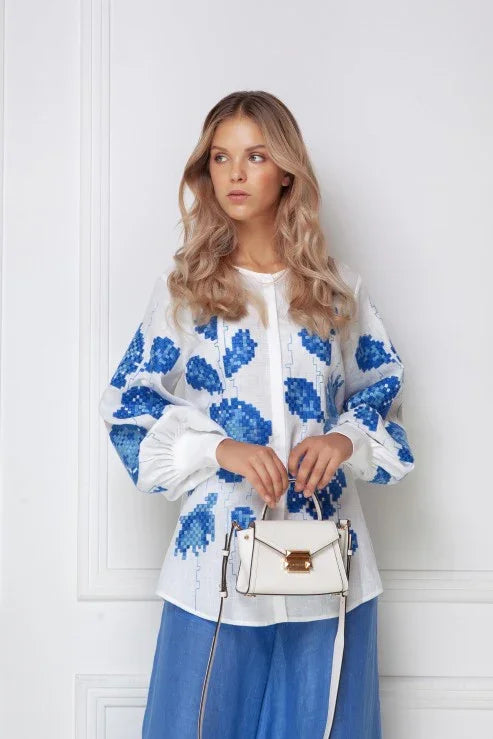 Camelia Blue Hand-Embroidered Linen Shirt | Ukrainian Vyshyvanka