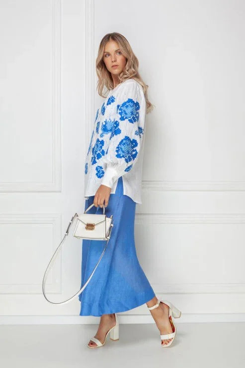 Camelia Blue Hand-Embroidered Linen Shirt | Ukrainian Vyshyvanka
