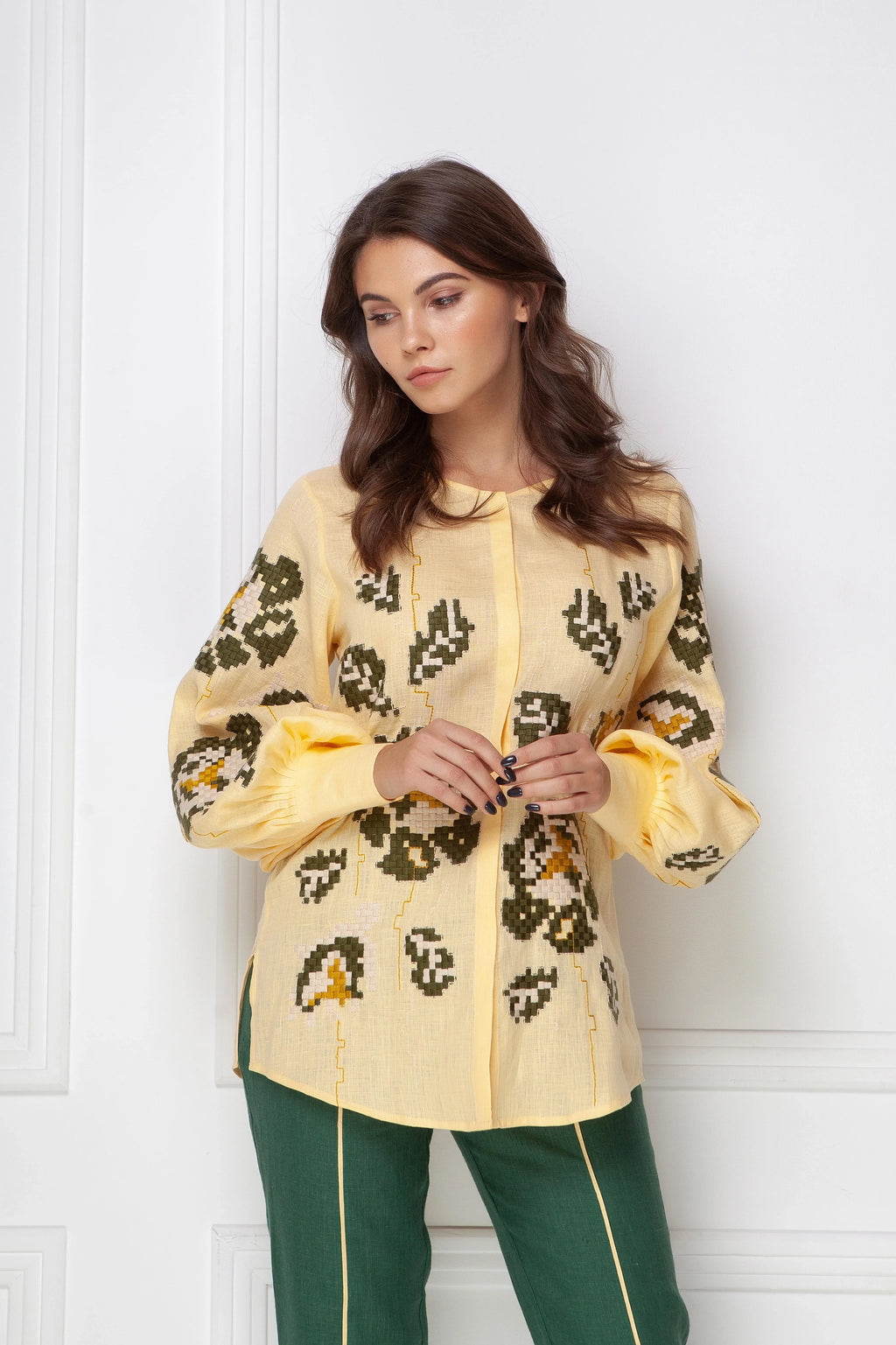 Camelia mustard and green cross stitched embroidery linen shirt in beige