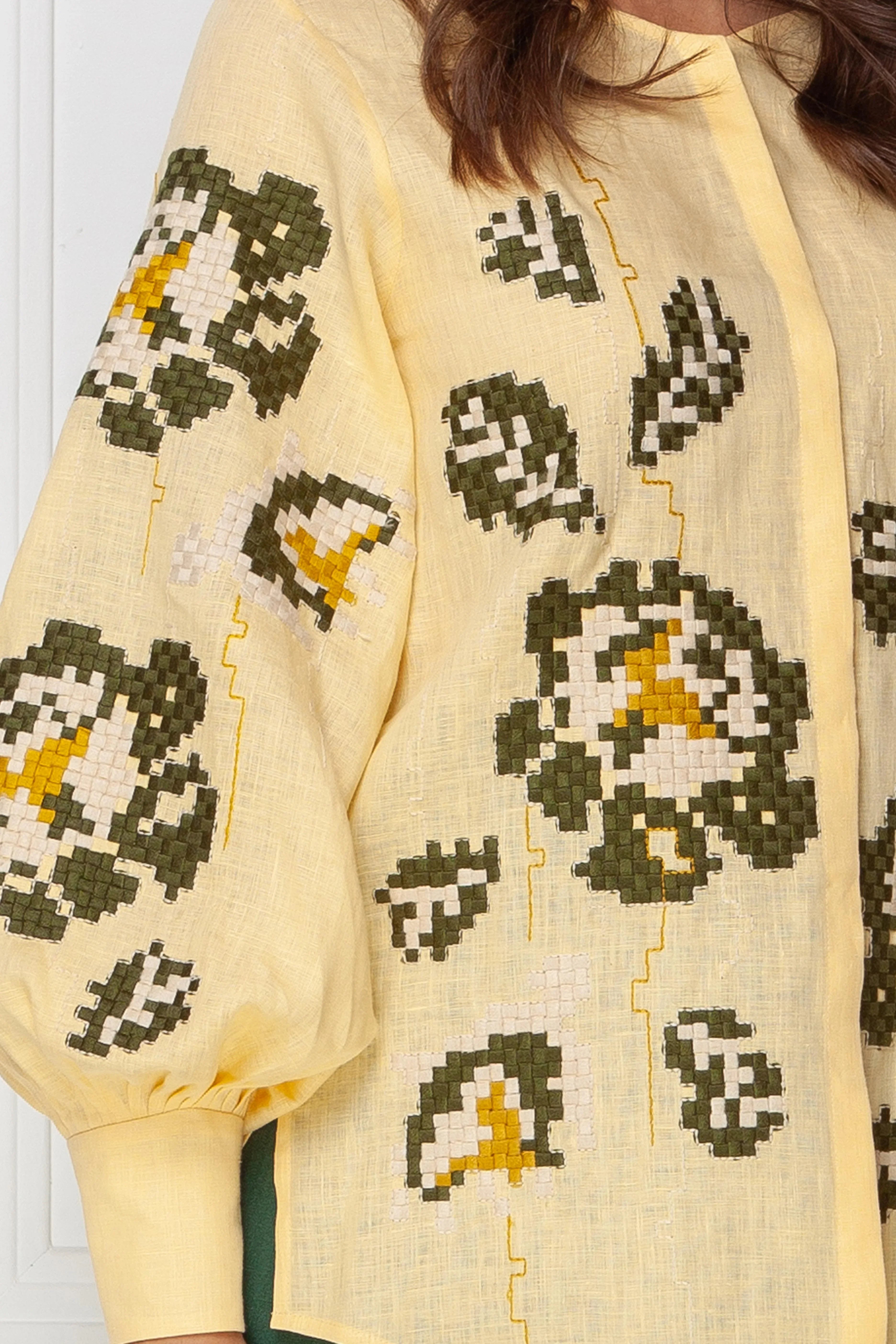 Camelia mustard and green cross stitched embroidery linen shirt in beige
