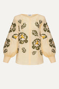 Beige blouse with green floral patterns on a white background