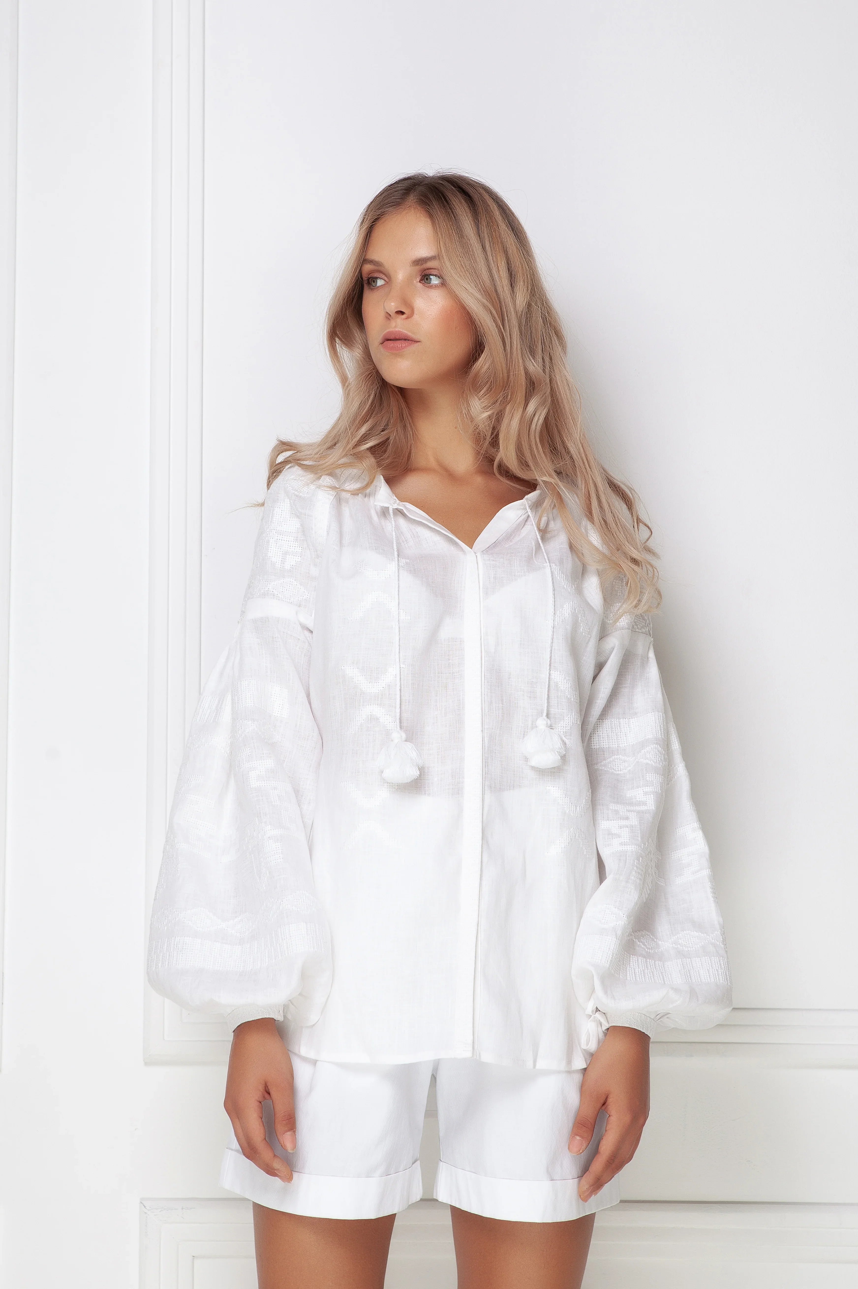 White linen embroidered puff sleeved blouse geometric motifs Tina