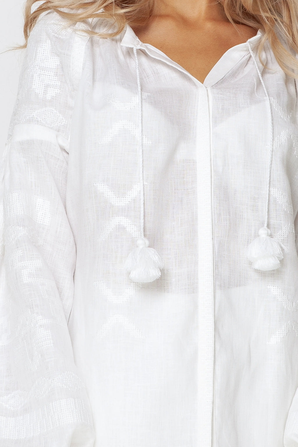 White linen embroidered puff sleeved blouse geometric motifs Tina