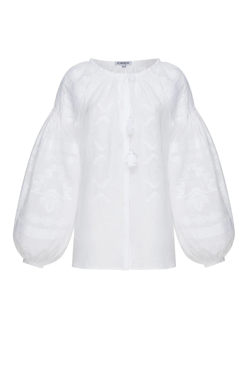 White linen embroidered puff sleeved blouse geometric motifs Tina
