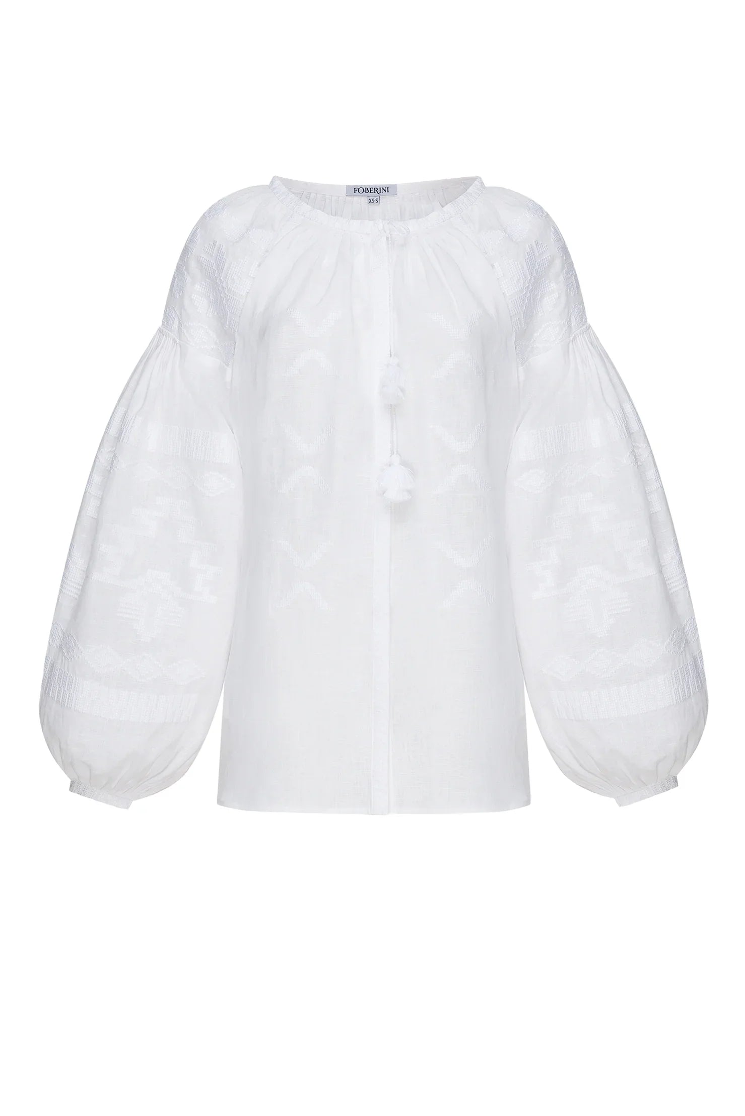 White linen embroidered puff sleeved blouse geometric motifs Tina