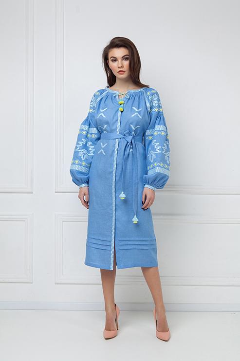 Baloon sleeved bohemian blue midi linen folk inspired embroidery dress Tina
