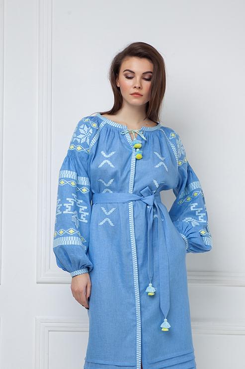 Baloon sleeved bohemian blue midi linen folk inspired embroidery dress Tina