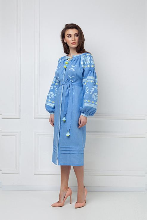 Baloon sleeved bohemian blue midi linen folk inspired embroidery dress Tina