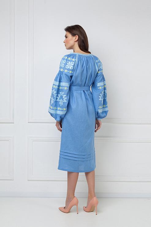 Baloon sleeved bohemian blue midi linen folk inspired embroidery dress Tina