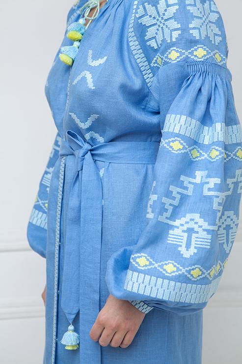 Baloon sleeved bohemian blue midi linen folk inspired embroidery dress Tina