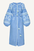 Baloon sleeved bohemian blue midi linen folk inspired embroidery dress Tina