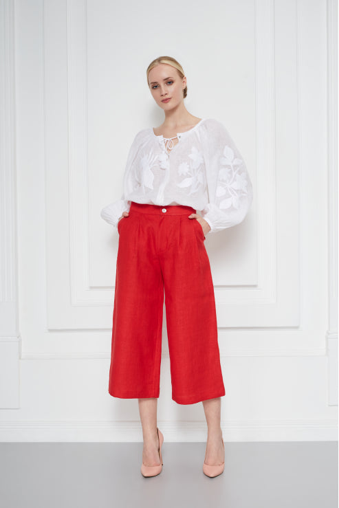 White Tonal-Embroidered Linen Blouse with Voluminous Sleeves Eden
