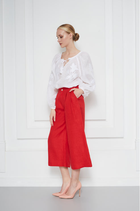 White Tonal-Embroidered Linen Blouse with Voluminous Sleeves Eden