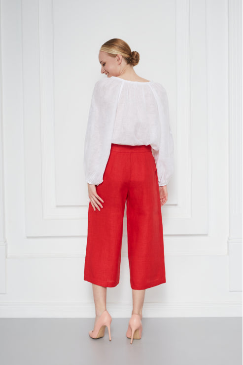 White Tonal-Embroidered Linen Blouse with Voluminous Sleeves Eden