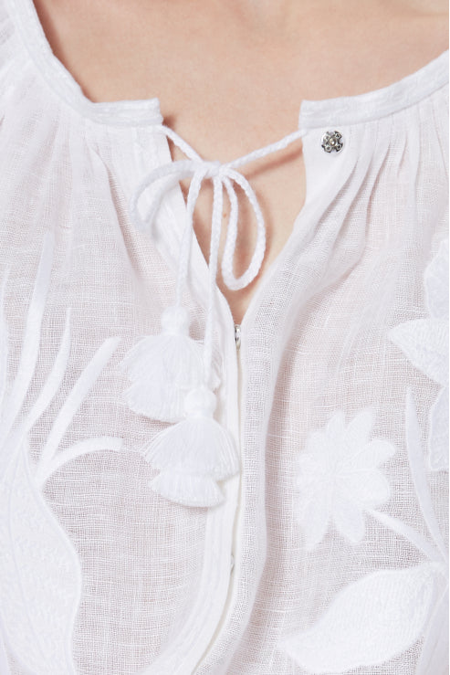 White Tonal-Embroidered Linen Blouse with Voluminous Sleeves Eden