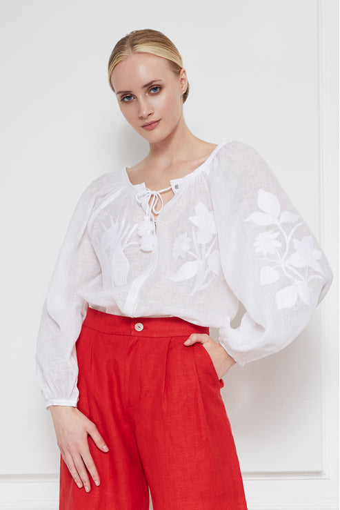 White Tonal-Embroidered Linen Blouse with Voluminous Sleeves Eden