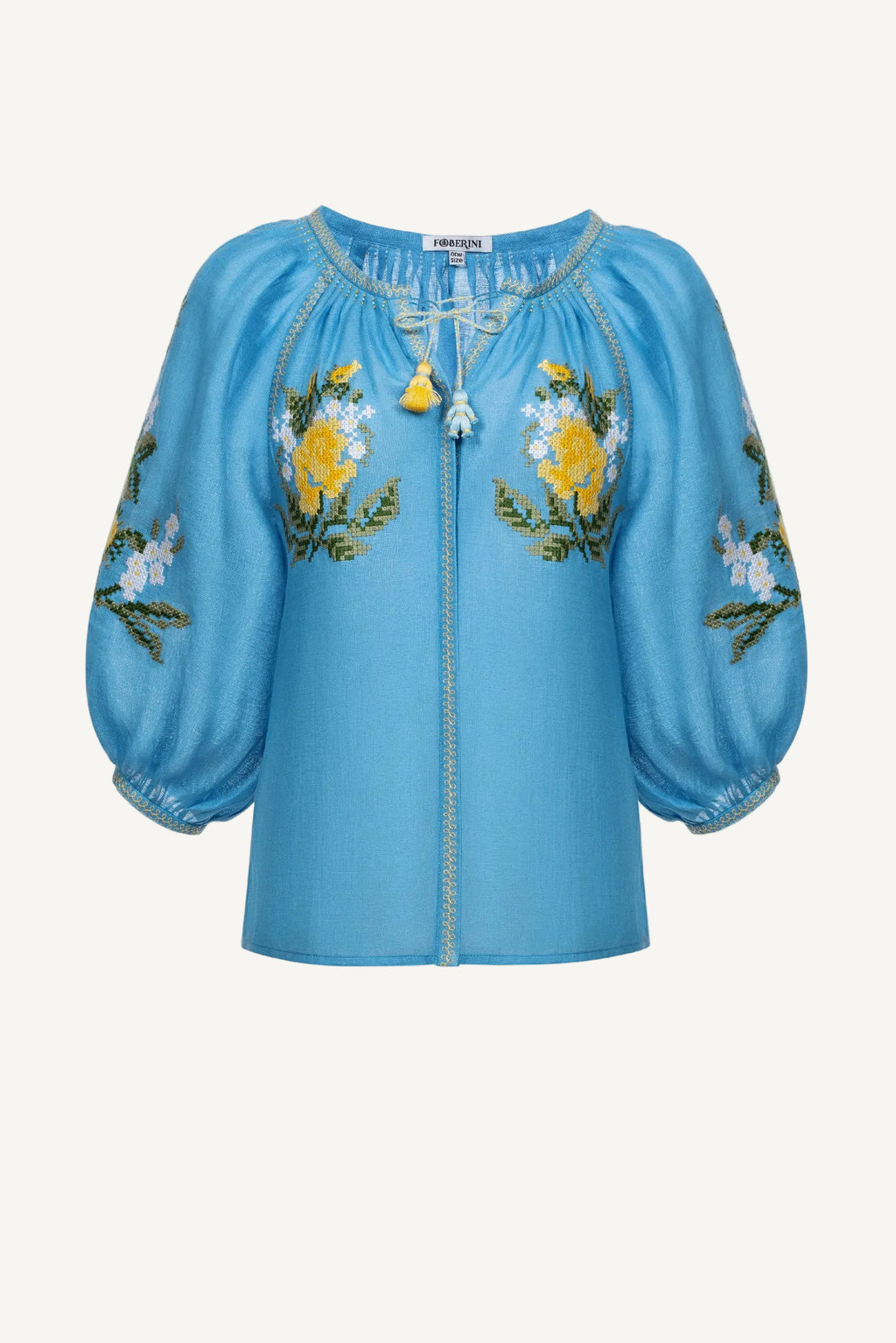 Blue Cross-stitched floral embroidery Linen Blouse Evelyn