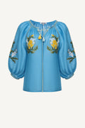 Blue Cross-stitched floral embroidery Linen Blouse Evelyn