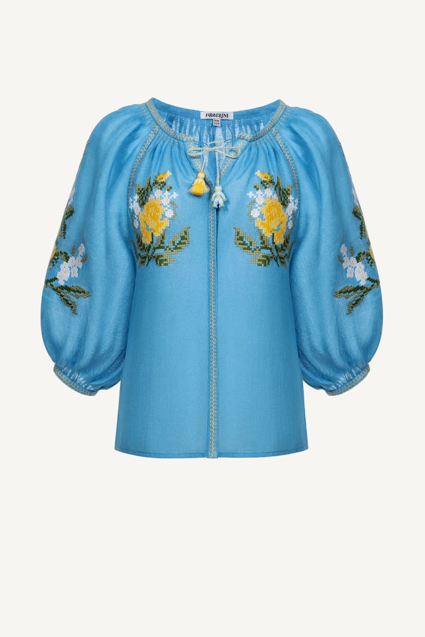 Blue Cross-stitched floral embroidery Linen Blouse Evelyn