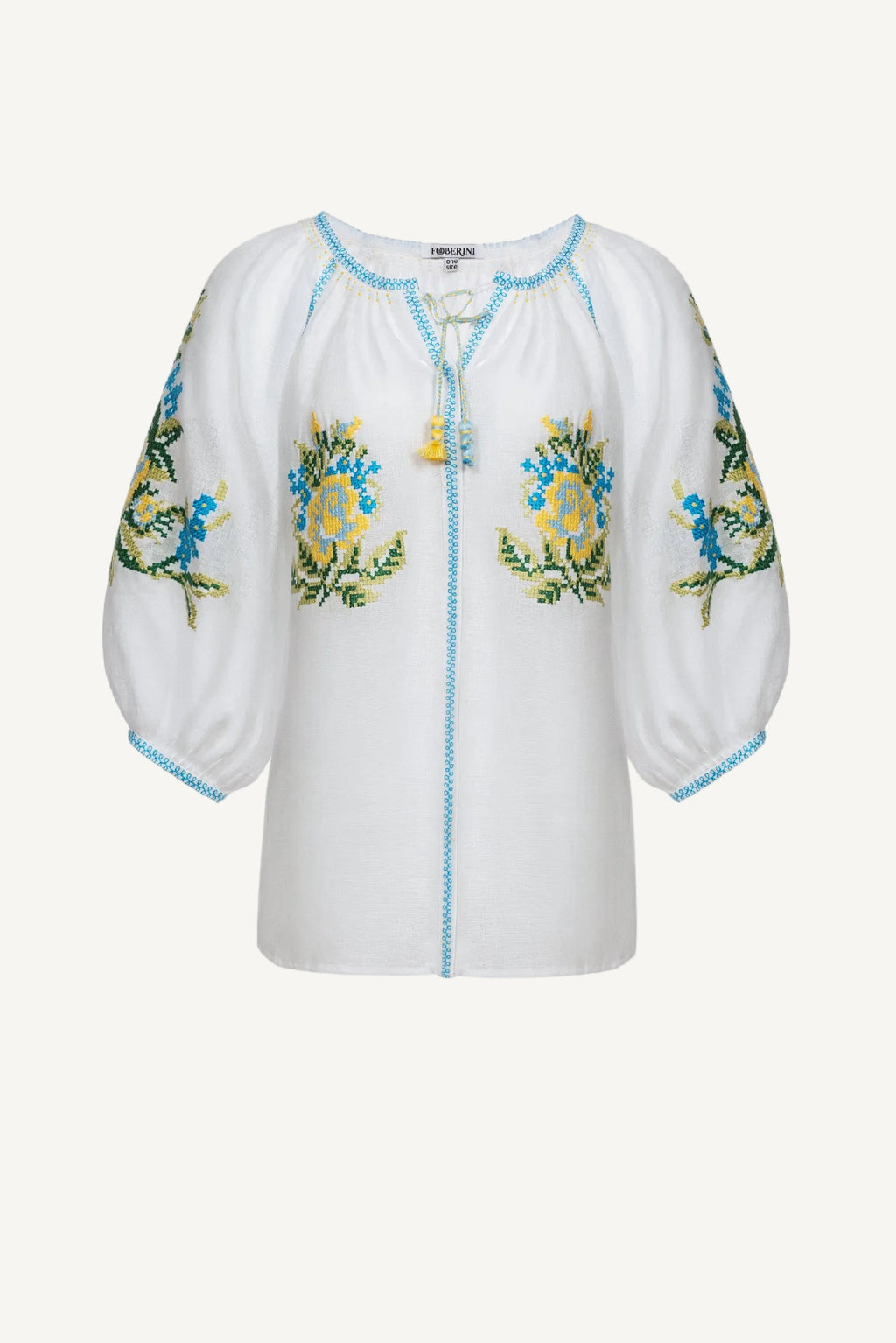 Embroidered white linen blouse with floral cross-stitch Evelyn