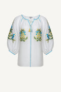Embroidered white linen blouse with floral cross-stitch Evelyn