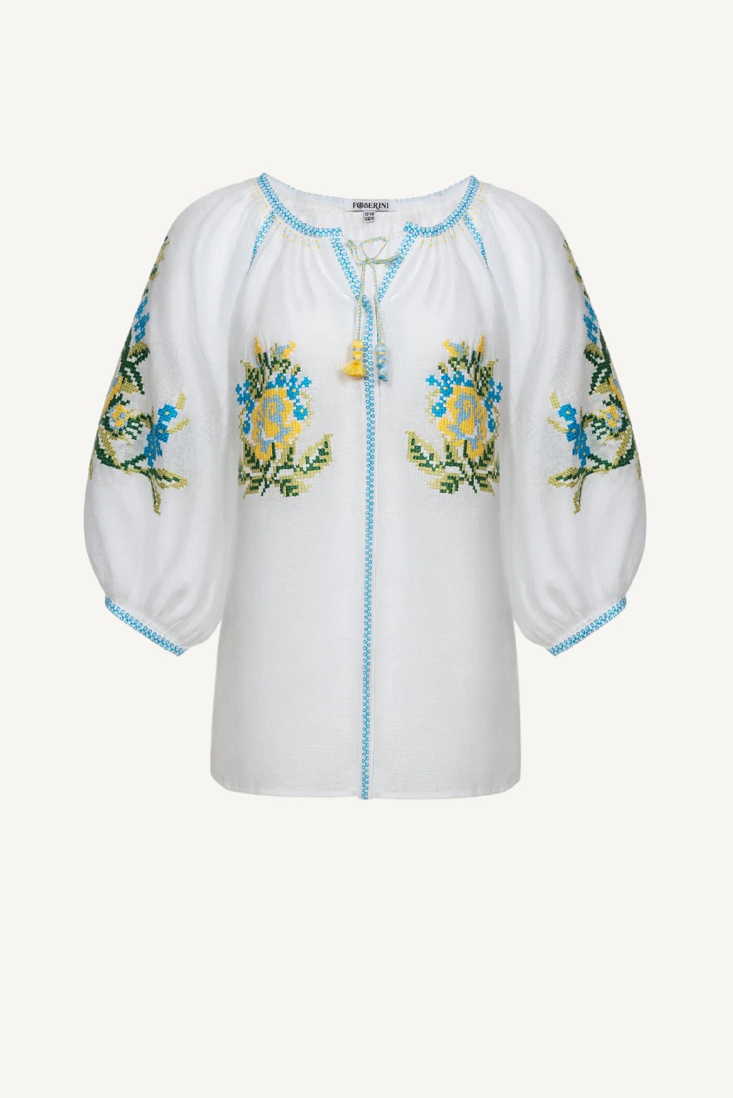 Embroidered white linen blouse with floral cross-stitch Evelyn