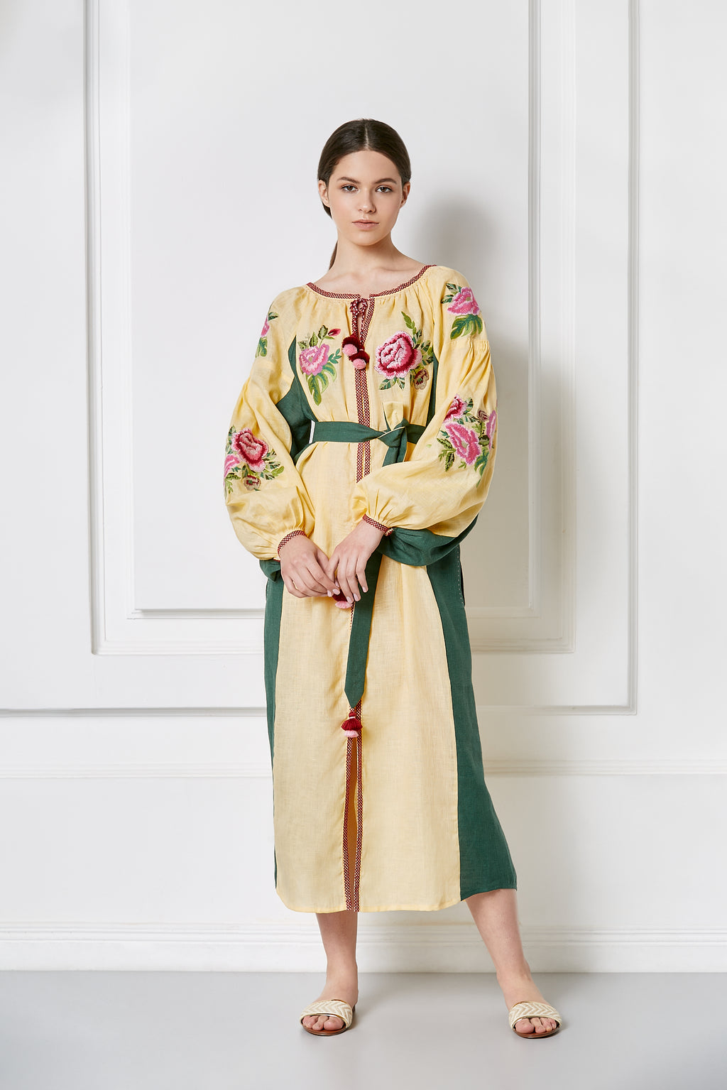 Floral embroidered linen beige and green midi caftan dress Flora
