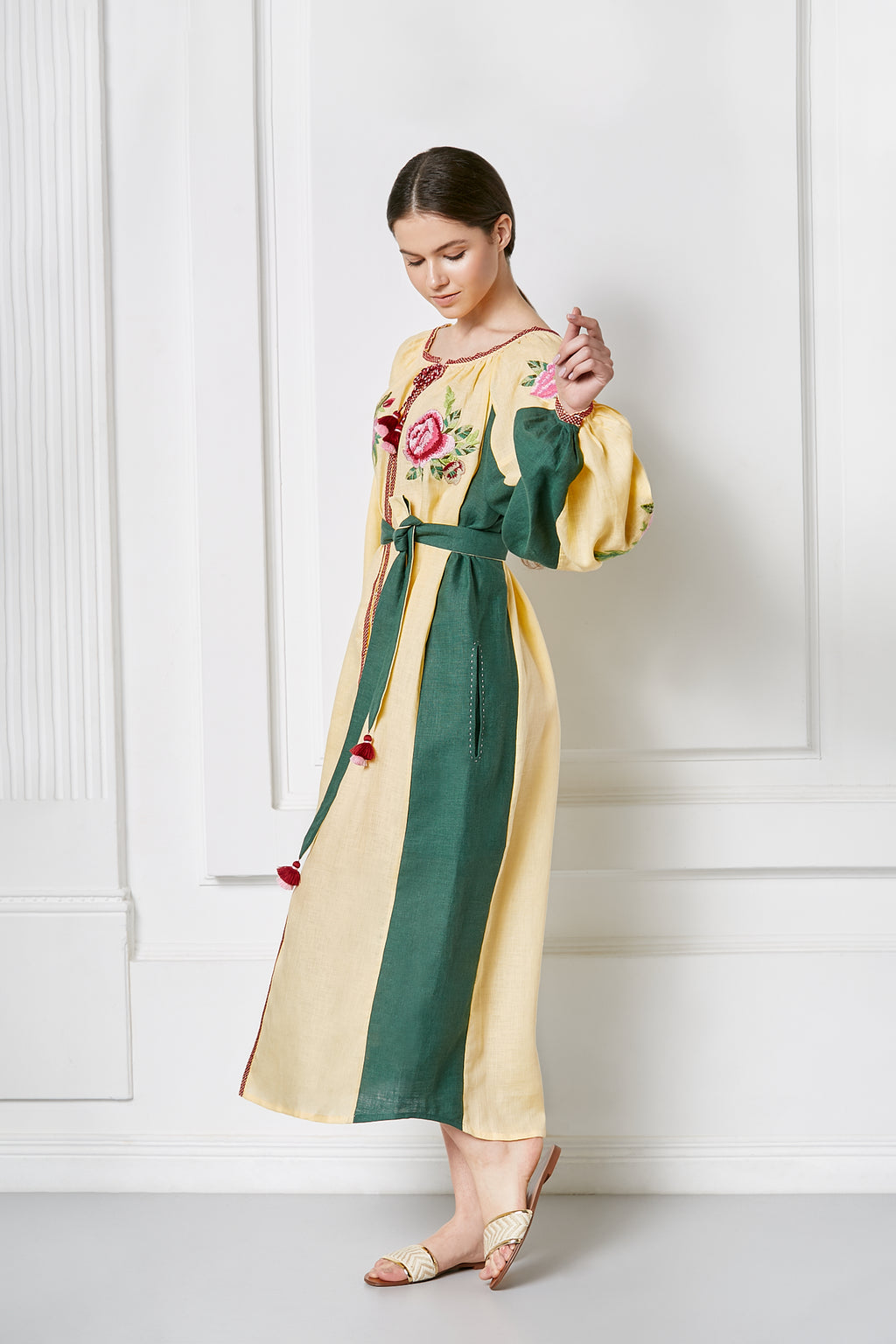 Floral embroidered linen beige and green midi caftan dress Flora