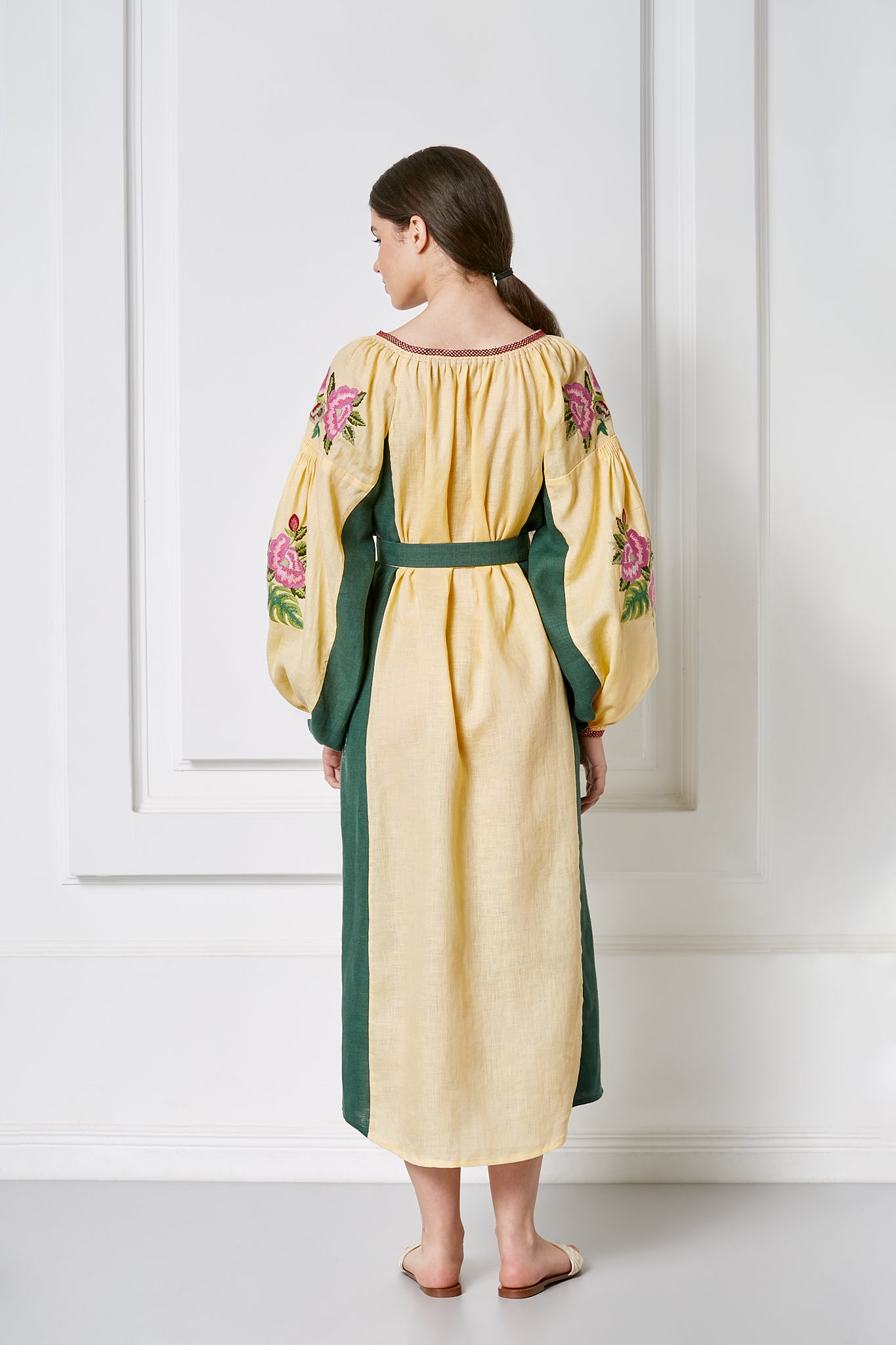 Floral embroidered linen beige and green midi caftan dress Flora