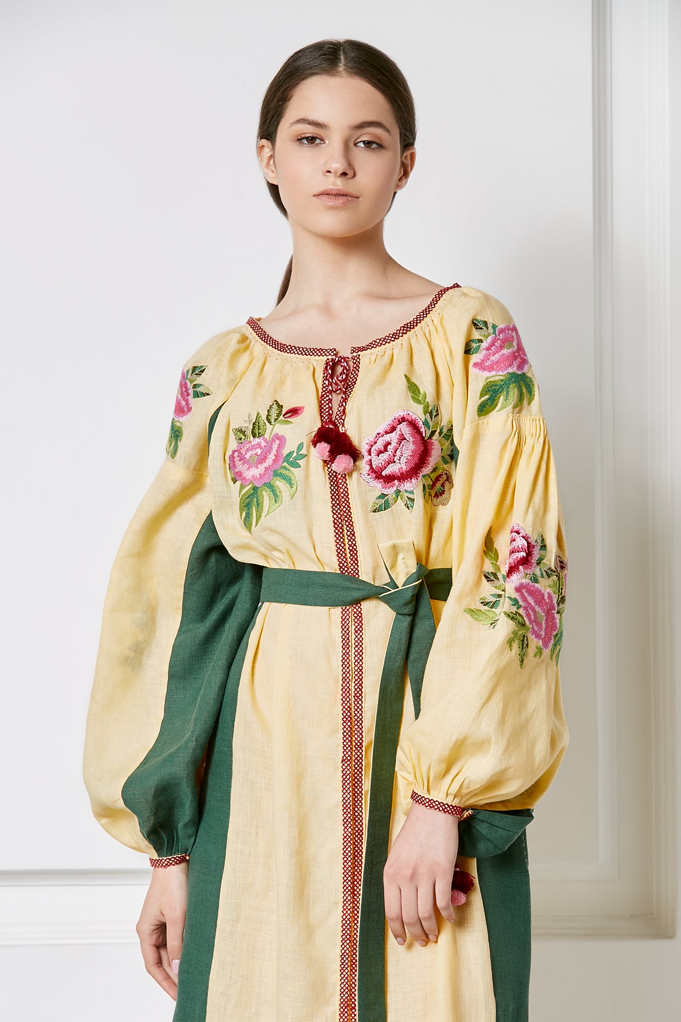 Floral embroidered linen beige and green midi caftan dress Flora