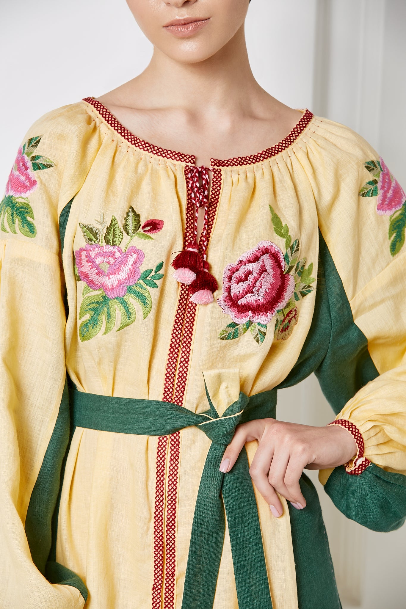 Floral embroidered linen beige and green midi caftan dress Flora