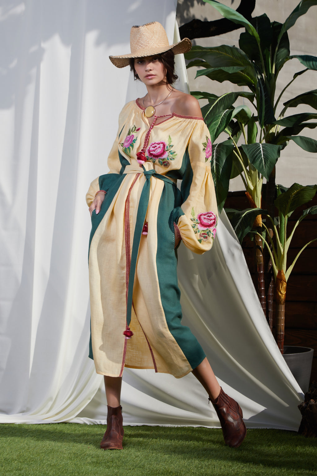 Floral embroidered linen beige and green midi caftan dress Flora