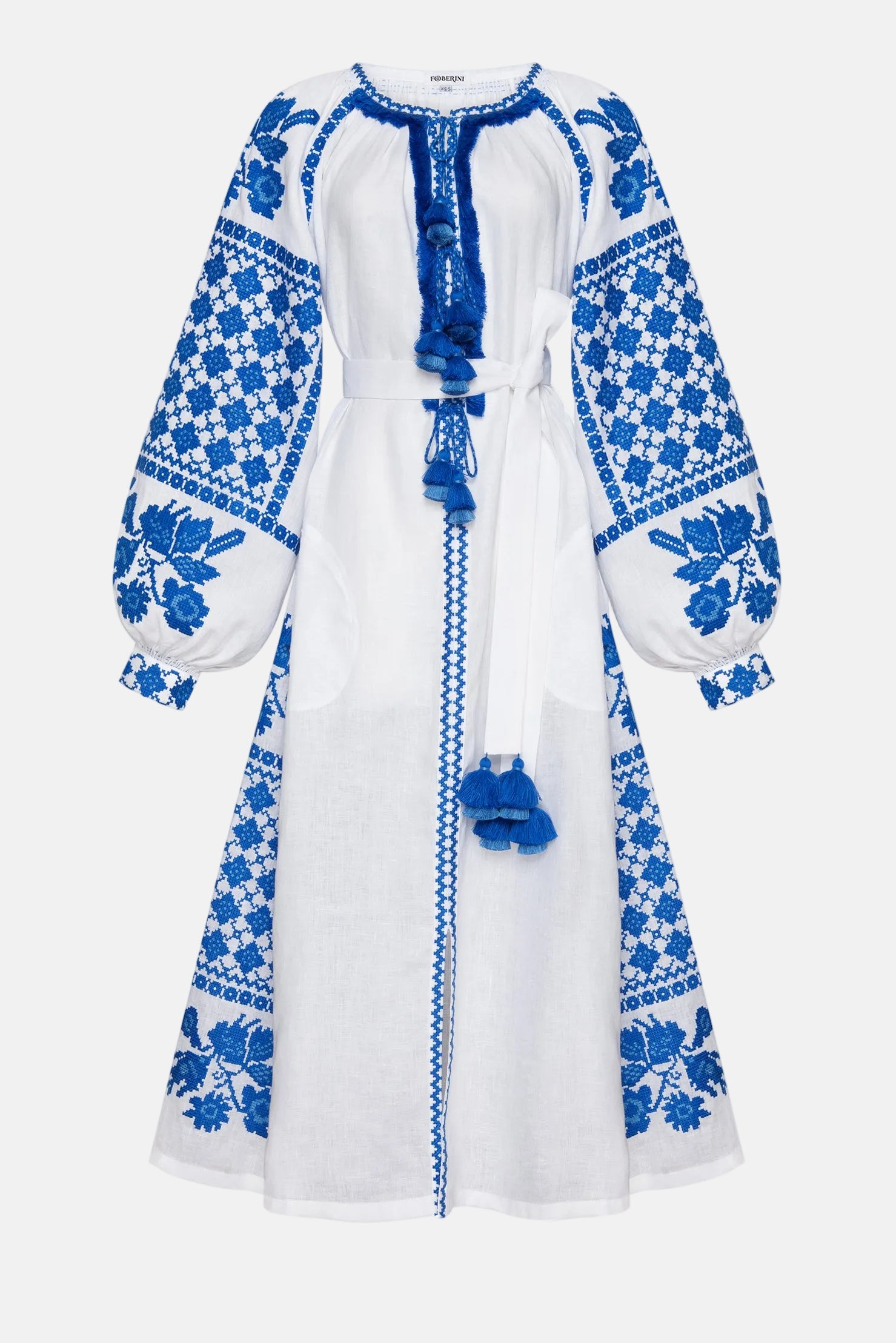 White Ukranian dress with blue floral embroidery. BLOUSEROUMAINE-SHOP.COM. FOBERINI